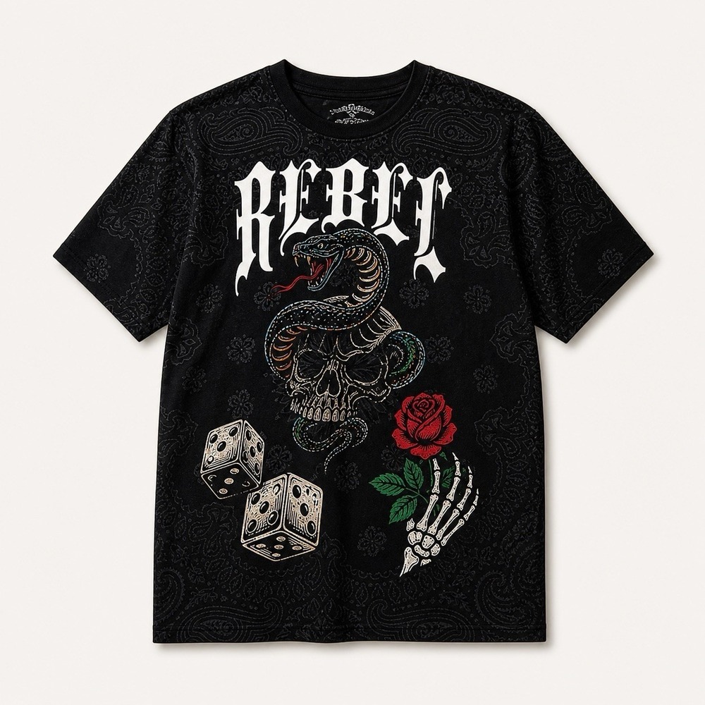 Rebel Vengeance Skull Snake Graphic Tee Black Paisley Rhinestone XL